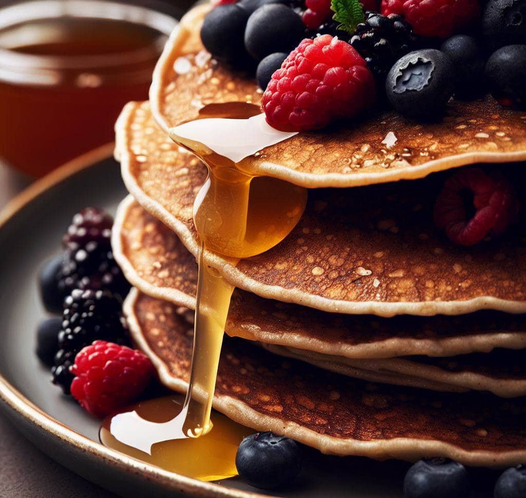 Whole Wheat Pancakes with Honey and Berries
