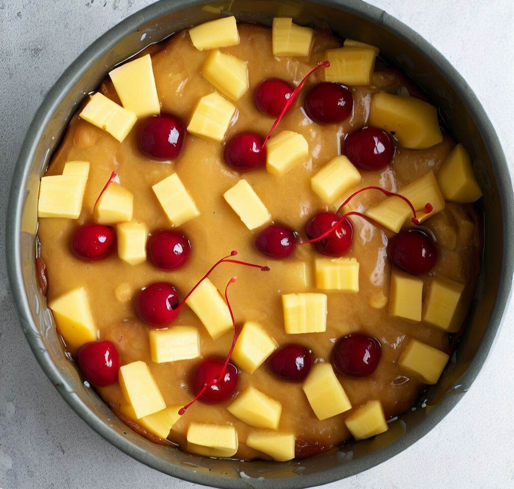 cherries, pour caramel, and spread the cake batter