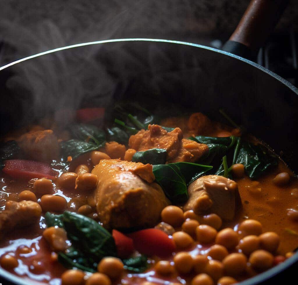 The process of cooking the chicken curry, showing the chicken, chickpeas, and spinach in a vibrant, simmering sauce