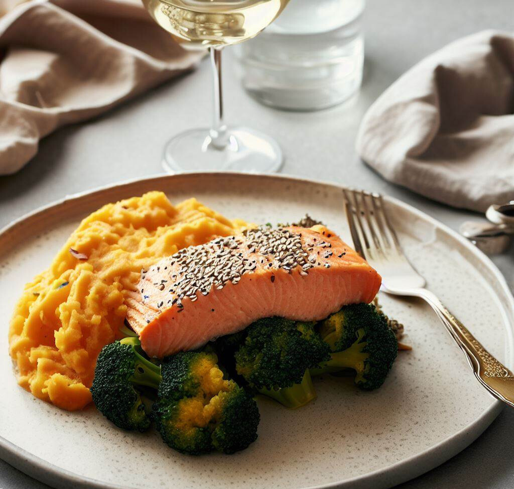 Baked Chia Salmon with Sweet Potato Mash and Steamed Broccoli recipe