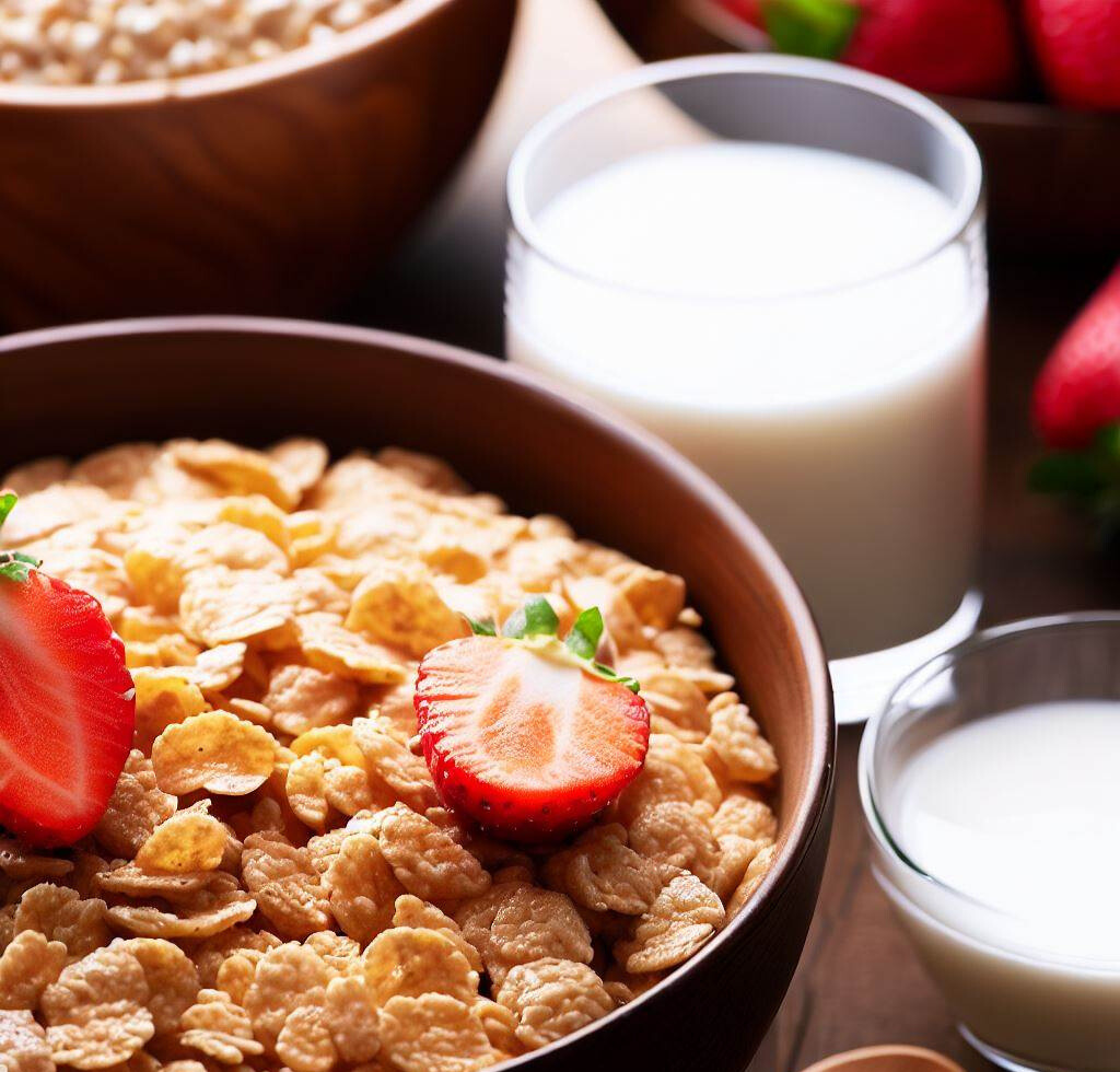 Fortified Whole Grain Cereal with Milk and a Side of Strawberries recipe