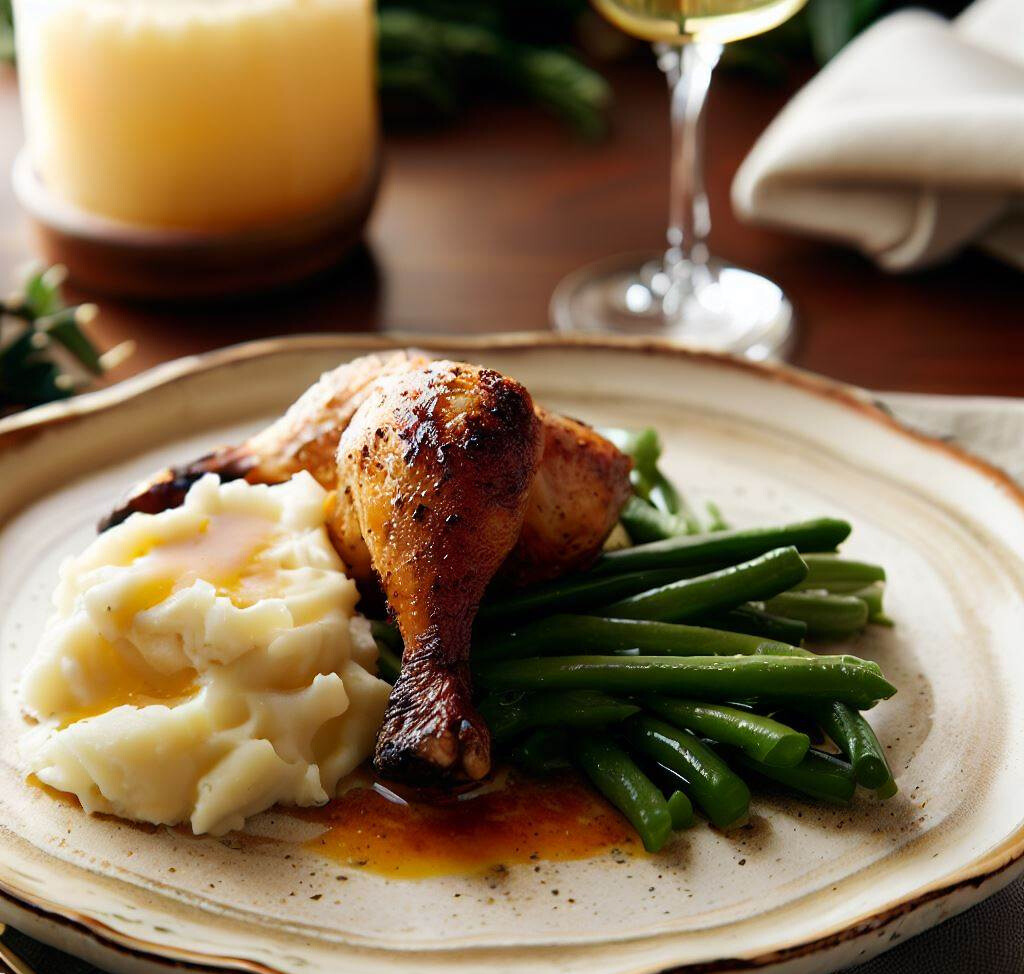 Grilled Chicken Drumsticks Paired with Creamy Mashed Potatoes and Crisp Green Beans recipe