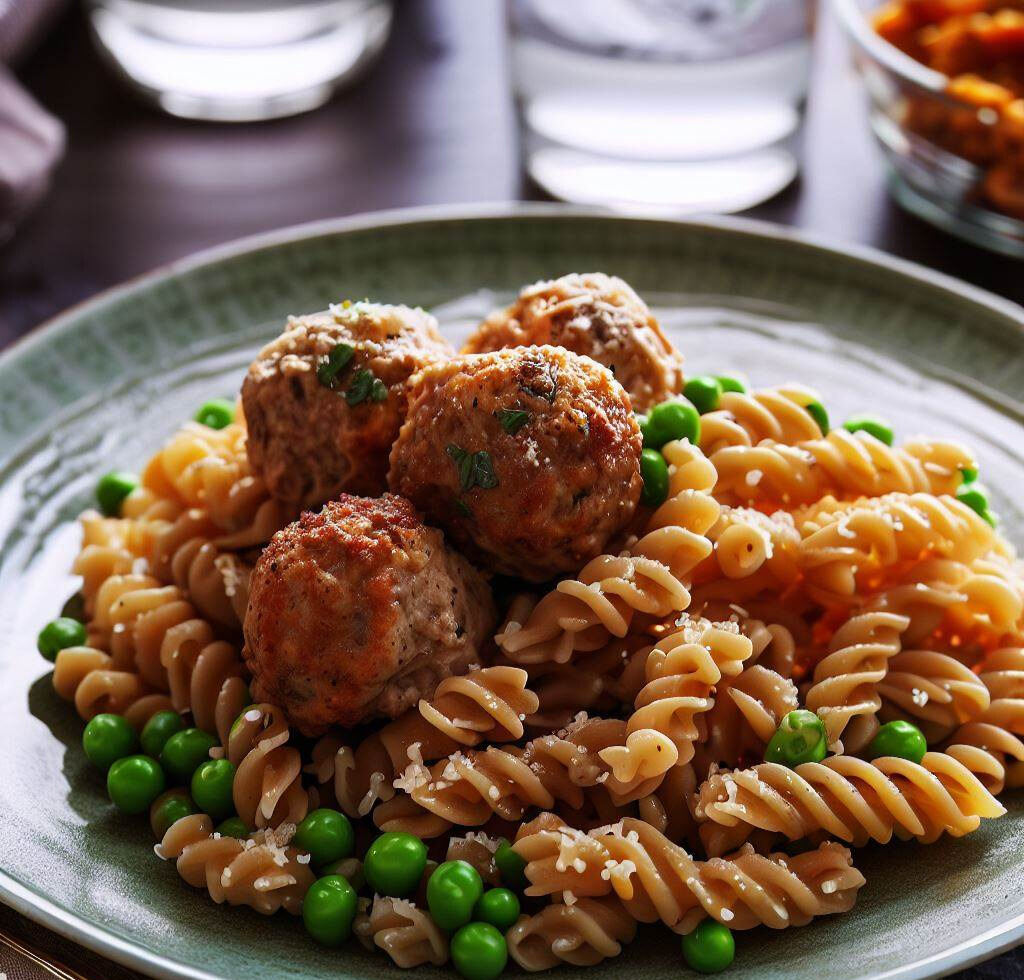 aked Turkey Meatballs with Whole Grain Pasta and Green Peas recipe