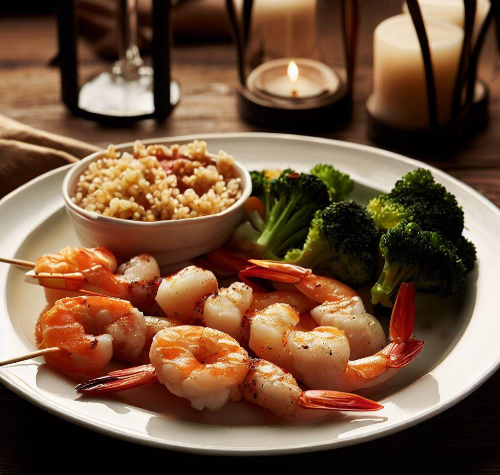 Succulent Shrimp & Vegetable Skewers with Quinoa and Steamed Broccoli recipe